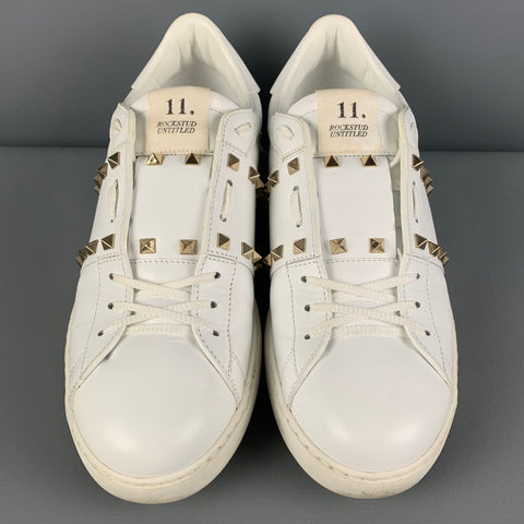 VALENTINO Size 11 White Studded Leather Lace Up Rockstud Sneakers