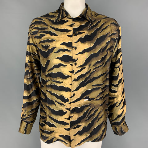 DSQUARED2 Size L Olive Black Tan Print Silk Button Up Long Sleeve Shirt