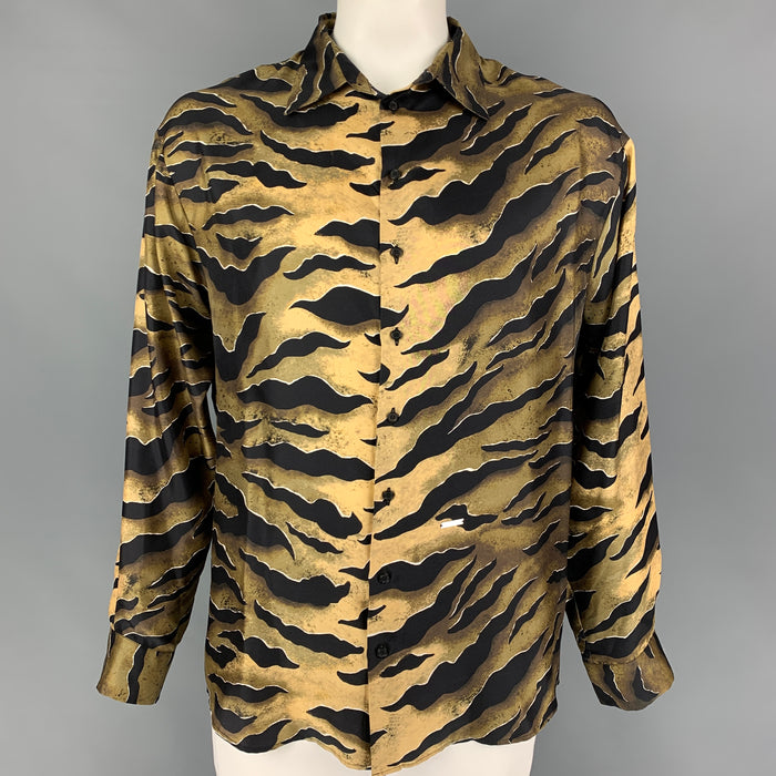 DSQUARED2 Size L Olive Black Tan Print Silk Button Up Long Sleeve Shirt