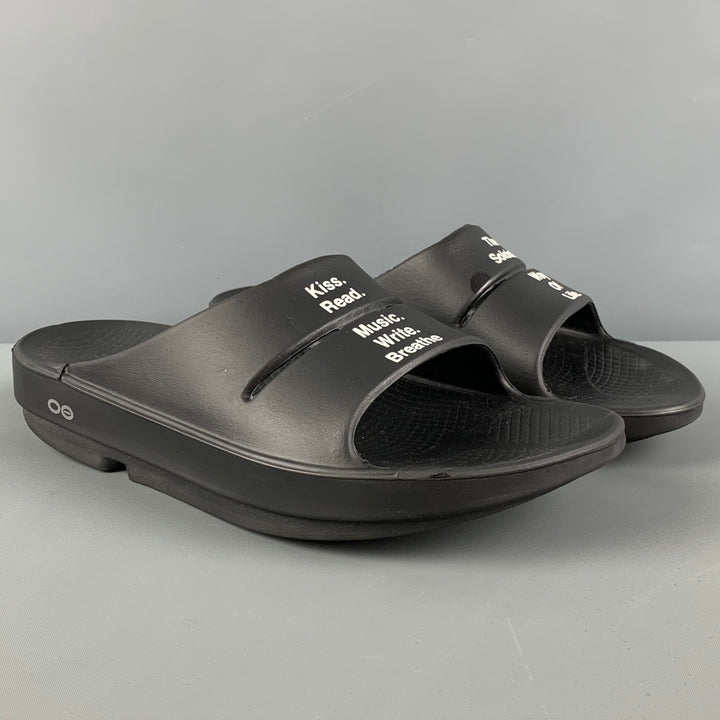 OOFOS for TAKAHIROMOIYASHITA Size 9 Black White Graphic Acetate Slip On Soloist's Sandals