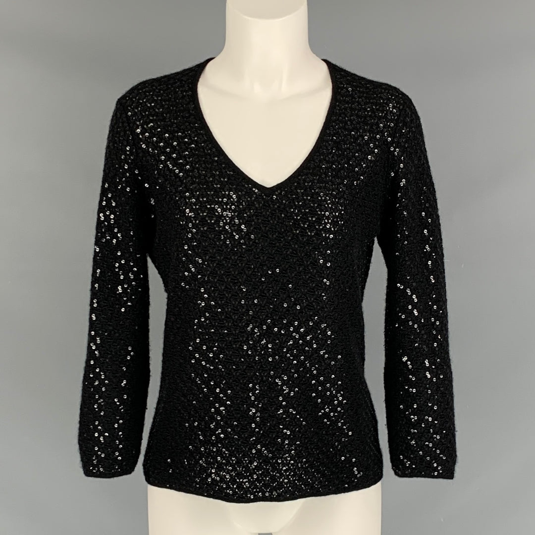 I.MAGNIN Size M Black Cashmere Sequined V-Neck Pullover