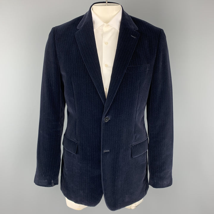 THEORY Size 42 Navy Stripe Cotton Velvet Notch Lapel Long Sport Coat