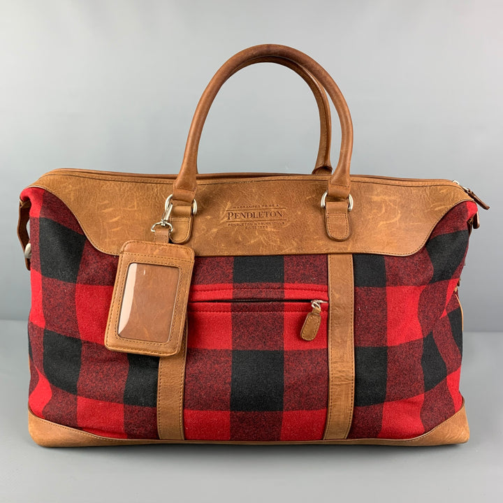 PENDLETON Tan Red Black Checkered Wool Leather Overnight Bag