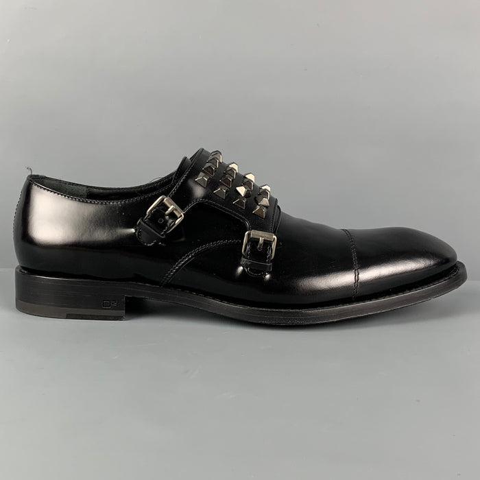 DSQUARED2 Size 10 Black Studded Leather Double Monk Strap Black Loafers