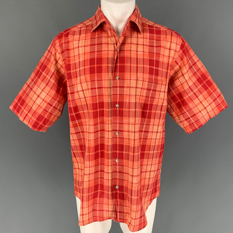 PAUL STUART Size M Red Orange Plaid Cotton Short Sleeve Shirt