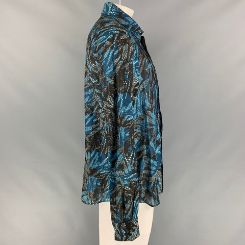 JUST CAVALLI Size XXL Blue & Black Print Cotton / Silk Tuxedo Long Sleeve Shirt