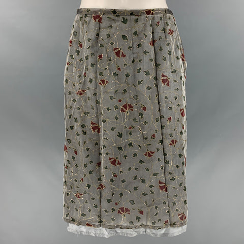 AGNÈS B. Size 6 Grey Green & Red Silk Abstract Floral A-Line Skirt