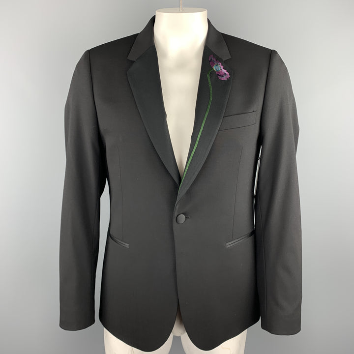 PAUL SMITH Size 42 Black Wool Blend Flower Embroidered Lapel Blazer