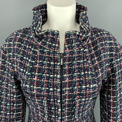 CHANEL FW 2013 Talla 2 Traje de falda de línea A con cuello alto de tweed multicolor azul marino