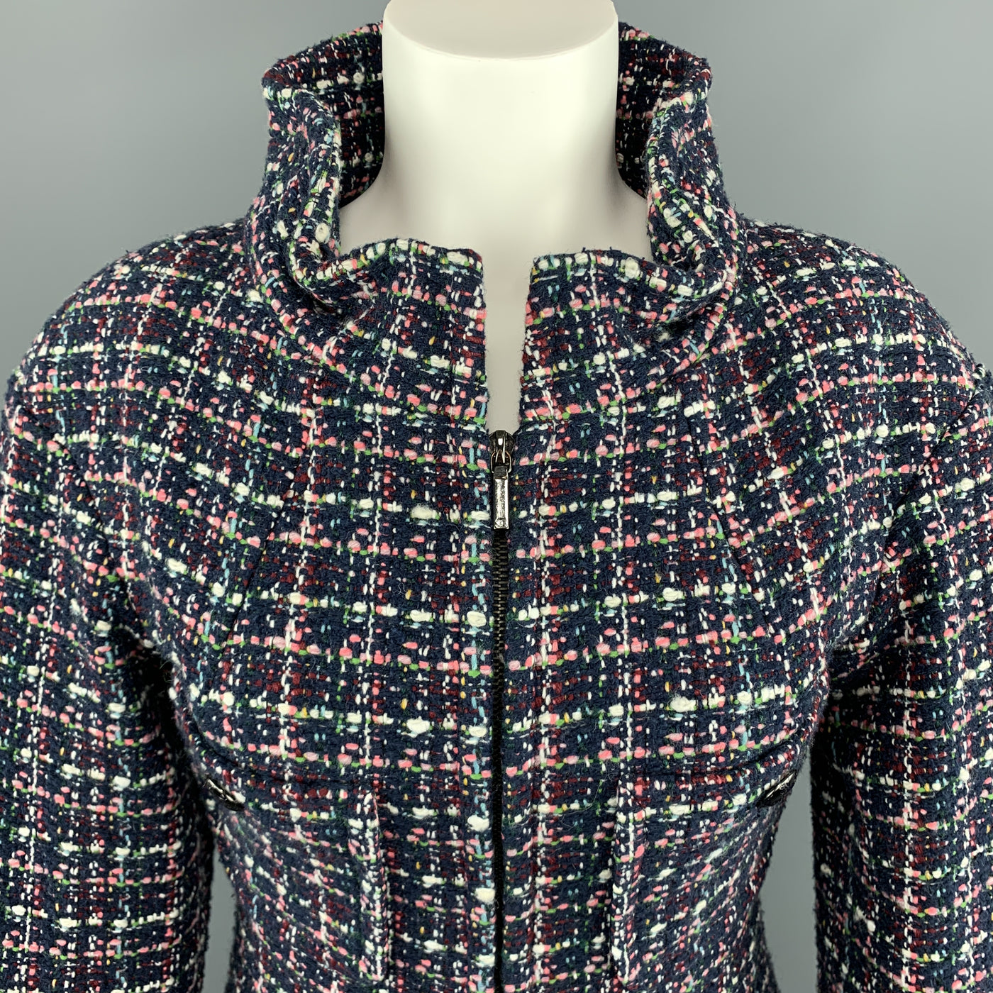 CHANEL FW 2013 Size 2 Navy Multi-Color Tweed High Collar A Line Skirt-Suit