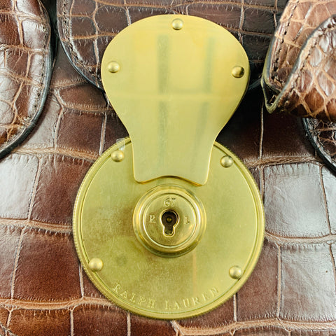 RALPH LAUREN Brown Olive Mixed Materials Alligator Nylon Handbag