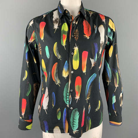 PAUL SMITH Size M Black & Multi-Color Feather Print Cotton Button Up Long Sleeve Shirt