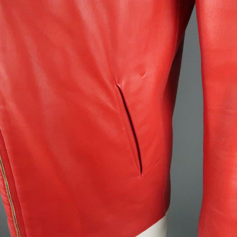 JIL SANDER Size L Red Raw Edge Leather Collarless Zip Jacket