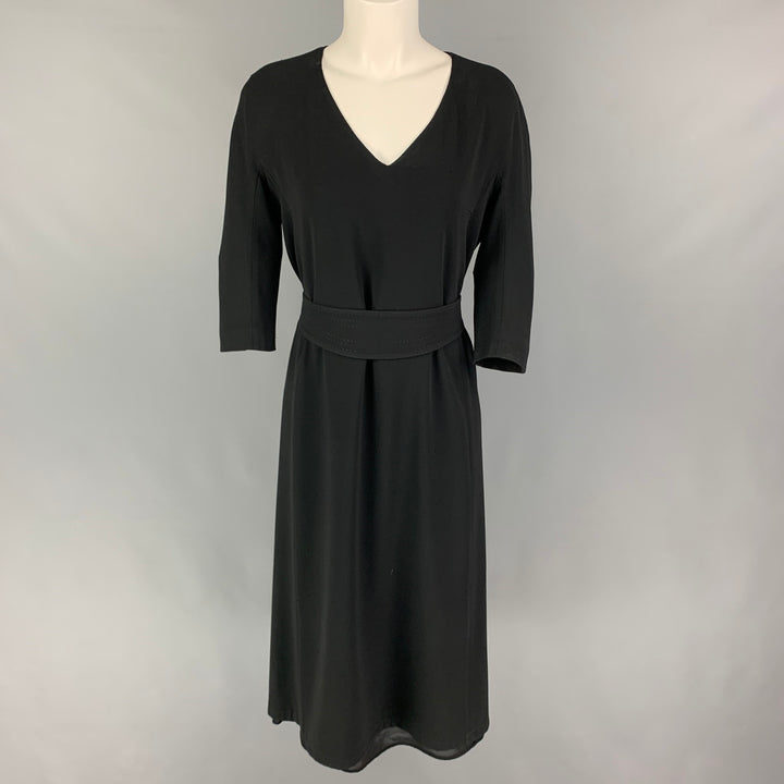 MAX MARA Size 8 Black Jersey Belted V-Neck Dress
