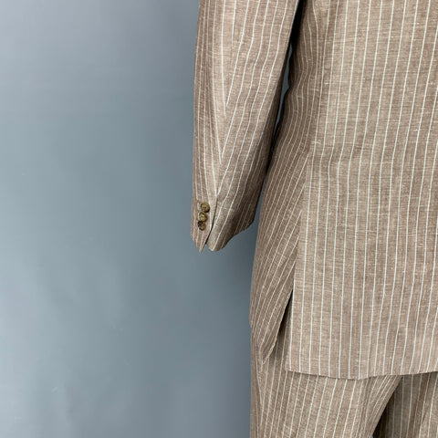 BRIONI for WILKES BASHFORD Size 42 Tan Light Blue Stripe Wool Linen Notch Lapel Suit
