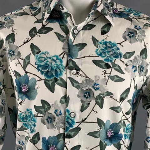 TED BAKER Size M White Blue Floral Cotton Long Sleeve Shirt
