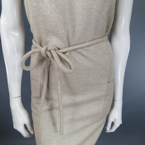 BARBARA TFANK Size 6 Metallic Silver Beige Textured Tie Belt Cocktail Dress