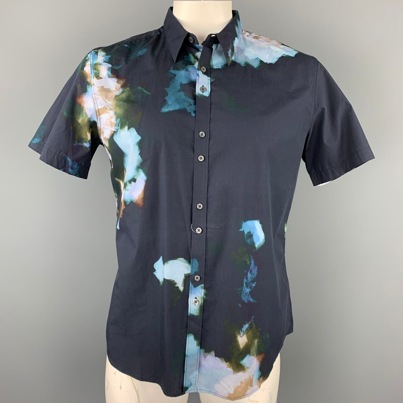 PS by PAUL SMITH Size XL Black & Blue Print Cotton Button Up Short Sleeve Shirt