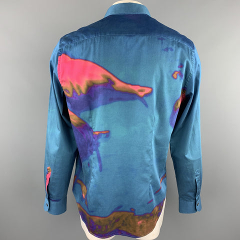 PAUL SMITH Size XXL Blue & Pink Flamingo Print Cotton Button Up Long Sleeve Shirt