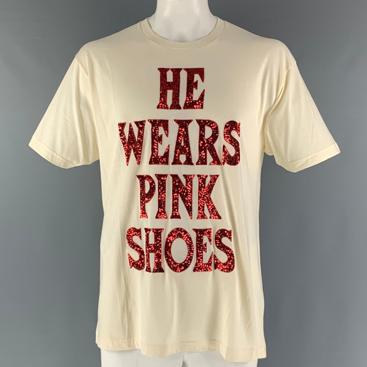 GUCCI Talla M Camiseta con cuello redondo de algodón bordado rojo beige