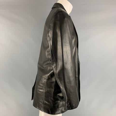 GUCCI Chest Size 40 Black Solid Leather Notch Lapel Sport Coat