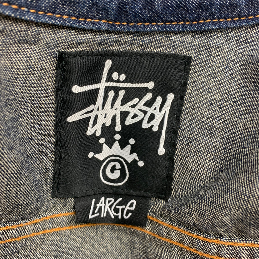 STUSSY Chaqueta trucker de algodón con puntadas en contraste índigo talla L