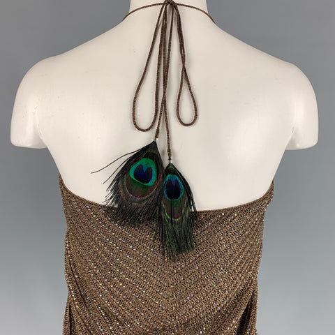 RALPH LAUREN Black Label Size L Gold Knitted Viscose Blend Peacock Feather Dress Top