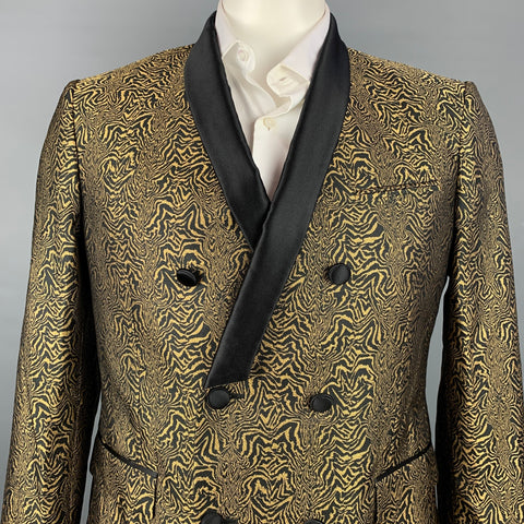 ROBERTO CAVALLI Size 44 Black & Gold Jacquard Silk Sport Coat