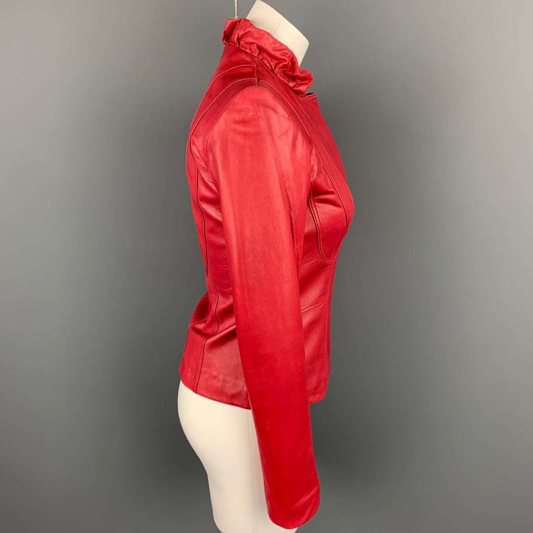 ELIE TAHARI Size XS Red Leather Ruched Collar Jacket