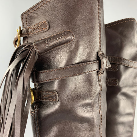 GUCCI Taille 11 Bottes à pompons en cuir marron