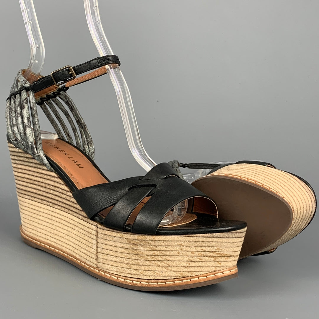 DEREK LAM Size 6 Black & Tan Leather Wood Wedge Sandals