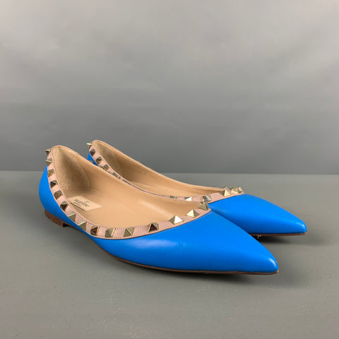 VALENTINO Size 10 Blue Nude Leather Contrast trim Flats