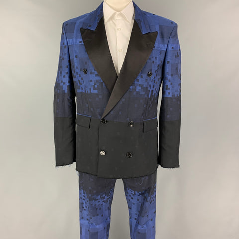 VIVIENNE WESTWOOD HOMBRE Talla 42 Traje cruzado con dobladillo crudo en mezcla de lana con estampado cuadrado azul y negro