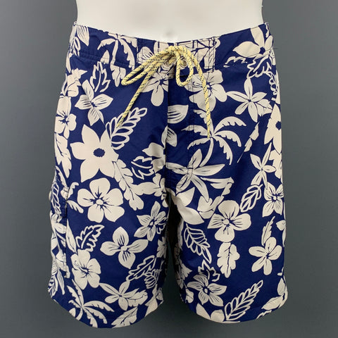 J CREW Size 34 Navy & White Floral Polyamide Drawstring Swim Trunks