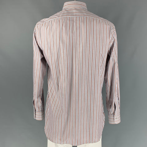 KITON Size XL White & Navy Orange Stripe Cotton Button Down Long Sleeve Shirt