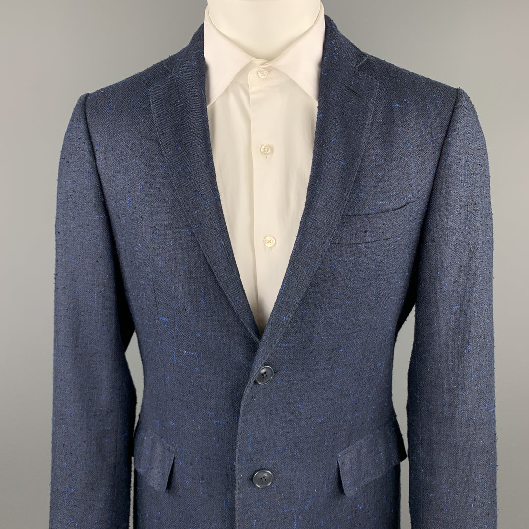 ETRO Taille 40 Manteau de sport à revers cranté en soie / lin texturé bleu marine