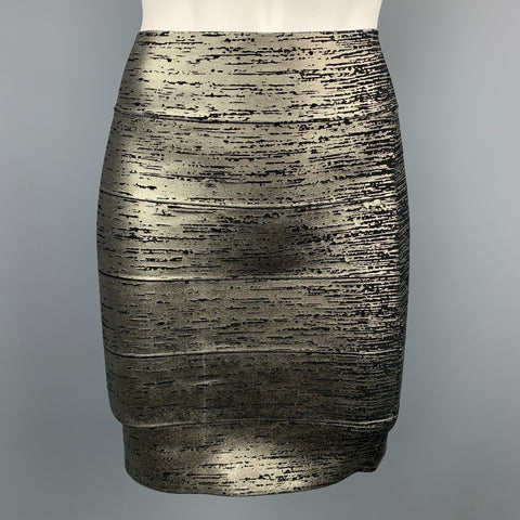 BCBG Talla S Minifalda de mezcla de rayón jaspeada plateada y negra