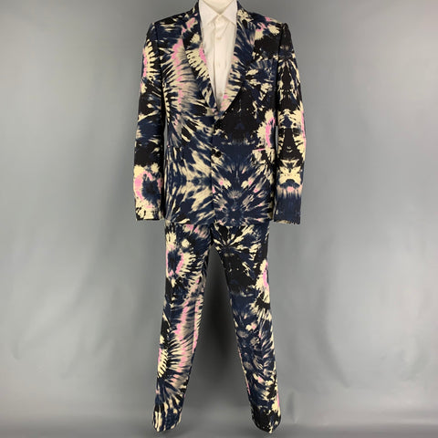 DRIES VAN NOTEN  Size 44 Black Beige Pink Tie Dye Wool Notch Lapel Suit