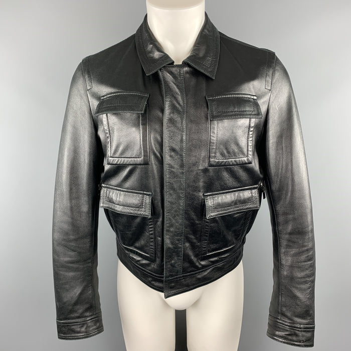 GIVENCHY Size 38 Black Leather Collared Flap Pocket Jacket