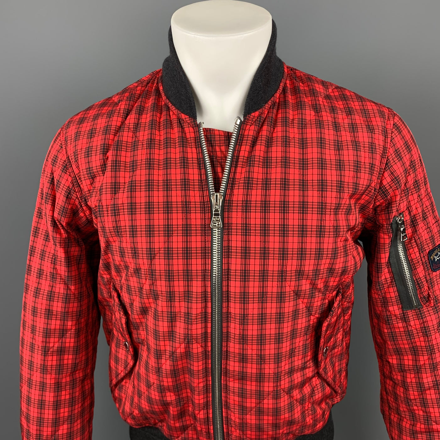NICK WOOSTER x PAUL SHARK Size M Red & Black Plaid Nylon Zip Up Bomber Jacket
