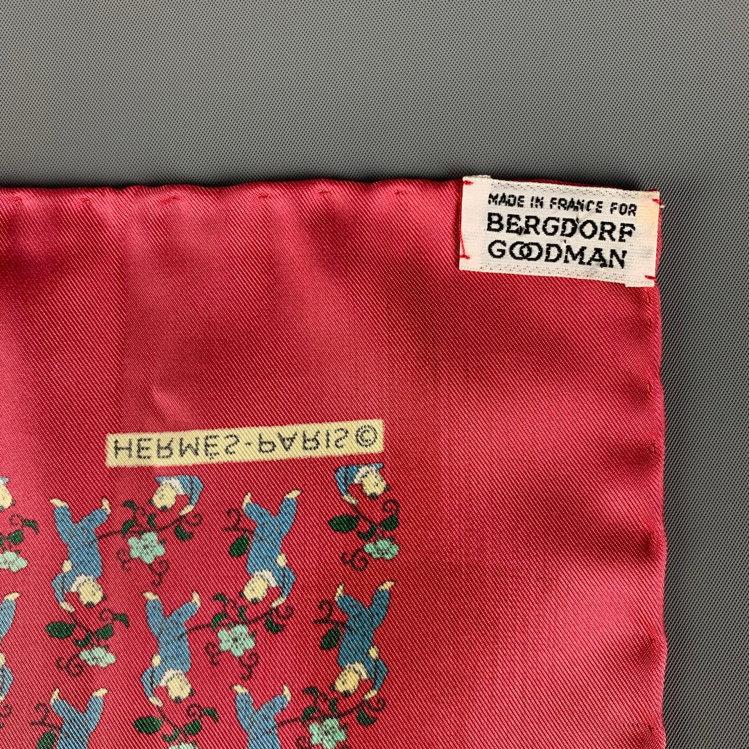 HERMES Red Blue Figures Silk Twill Pocket Square