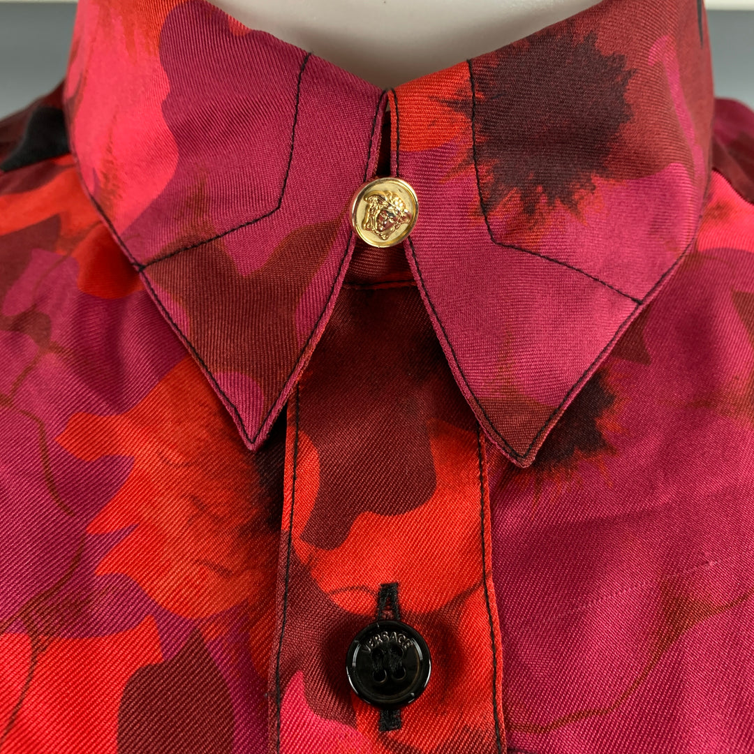 VERSACE Size L Multi-Color Floral Silk Button Down Long Sleeve Shirt