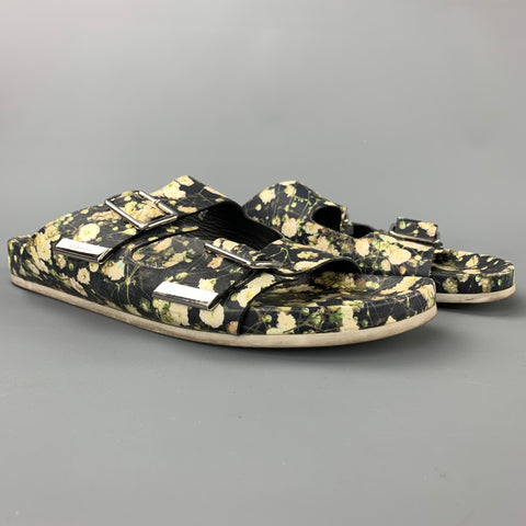GIVENCHY S/S 15 Talla 10 Sandalias con cinturón de cuero floral en blanco y negro