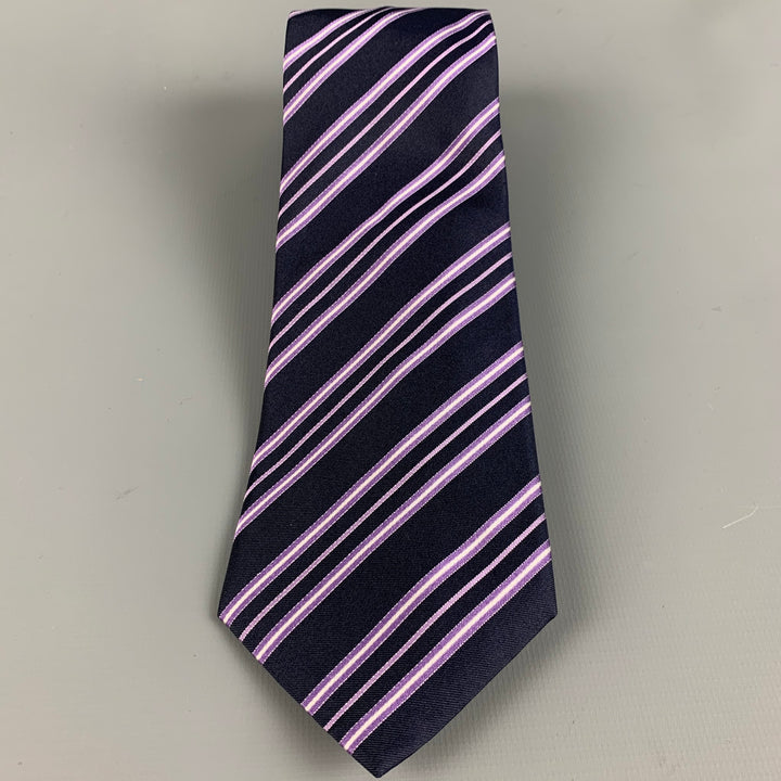 BRIONI Navy Purple Diagonal Stripe Silk Tie