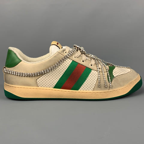 GUCCI Talla 15 Zapatillas de deporte Crystal Screener de cuero desgastado verde blanquecino