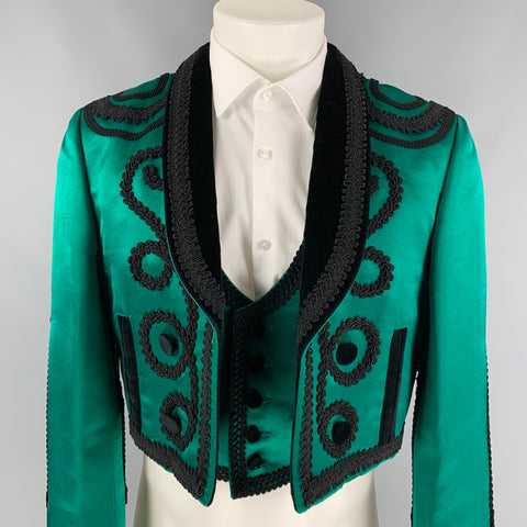 DOLCE & GABBANA SS 15 Size 40 Emerald Green Black Silk Embroidered Torero Vest Jacket