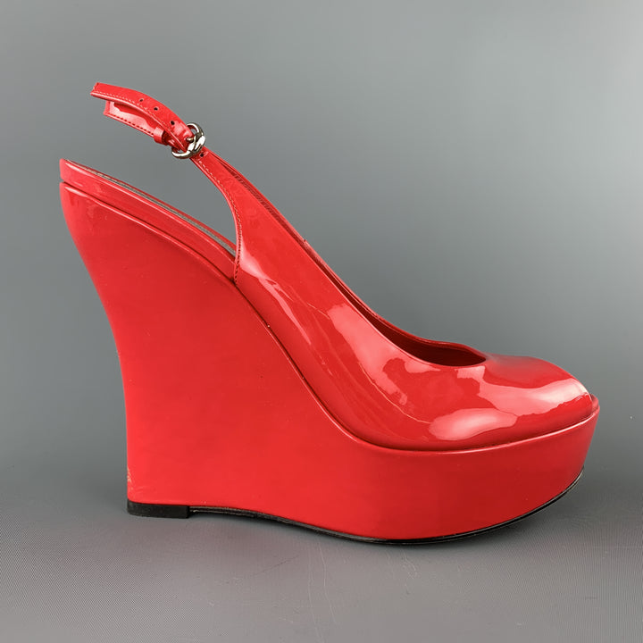GUCCI Size 9.5 Coral Red Patent Leather Platform Peep Toe Slingback Wedges