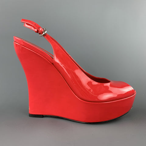 GUCCI Tamaño 9.5 Cuñas sin talón con plataforma de charol rojo coral Peep Toe