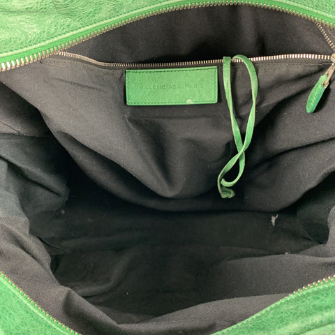BALENCIAGA Distressed Green Leather Top Handles Handbag