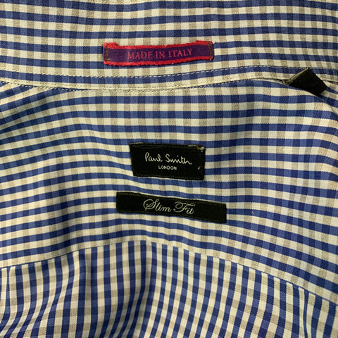 PAUL SMITH Size XL Blue & White Gingham Cotton Slim Fit Long Sleeve Shirt